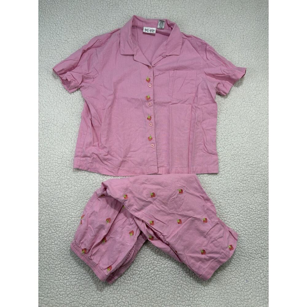 Vtg Linen Blend Set Strawberry Embroidered Button Blouse Top Capri Crop Pant PXL